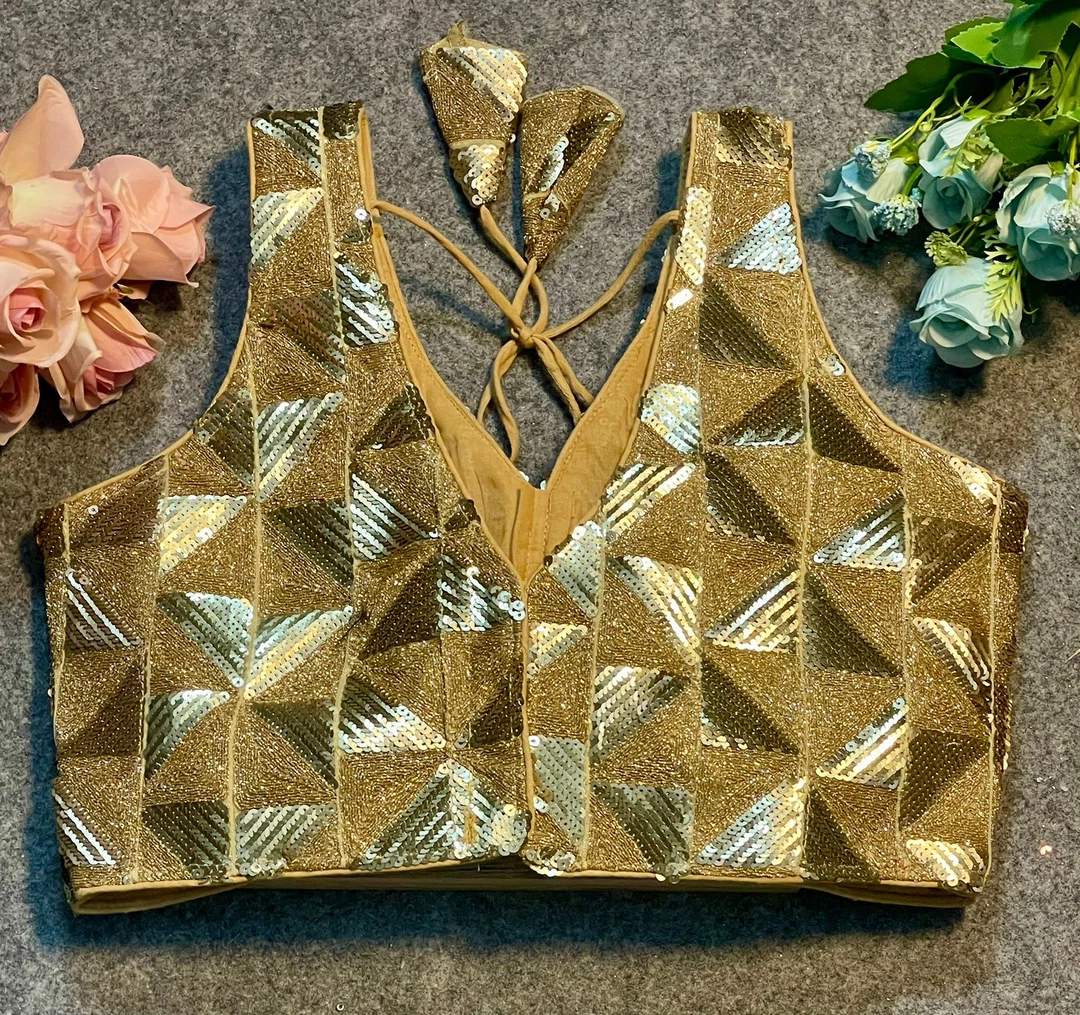 Golden Deep Neck Partywear Sequence Blouse.