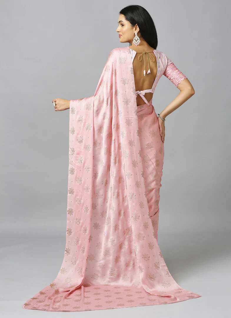 Baby Pink Embellished Schiffli Pure Chiffon Saree With Blouse