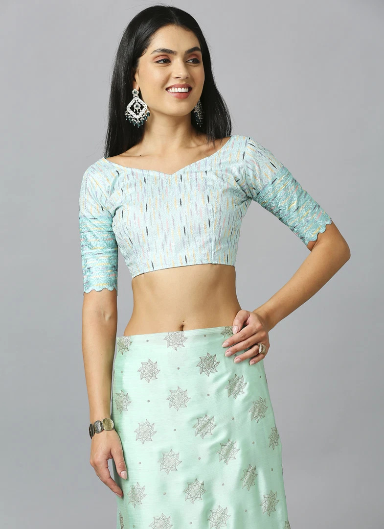 Sea Green Ethnic Motif Pure Chiffon Saree With Blouse