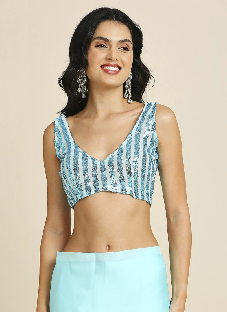Sky Blue Silk Blend Saree With Lycra Sequins Unstitch Blouse