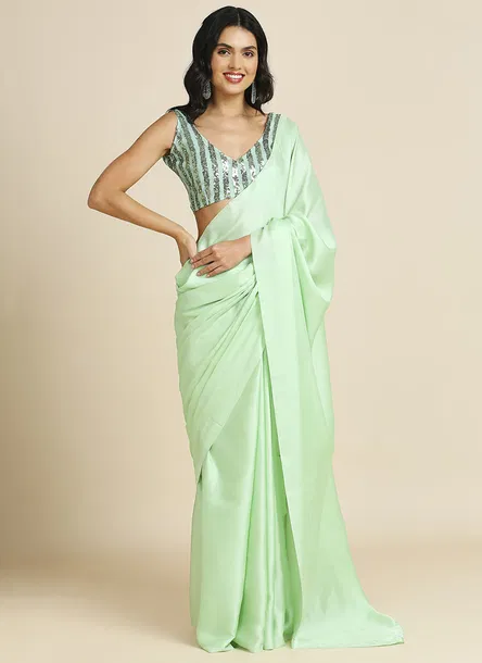 Lime Green Silk Blend Saree With Lycra Sequins Unstitch Blouse