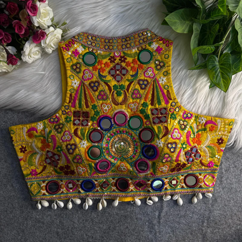 Yellow Sleeveless Navratri Mirror Work Front-Open Blouse