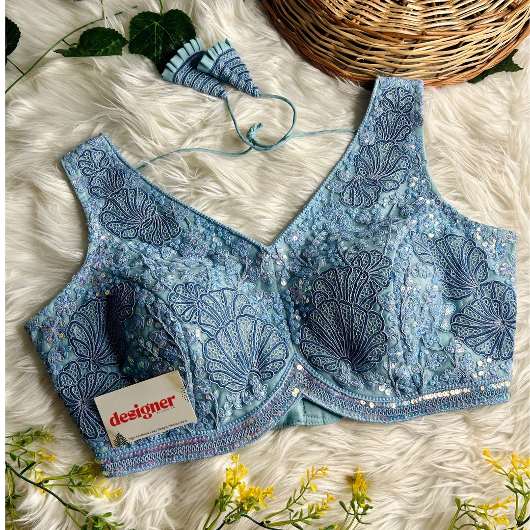 Blue Colour Designer Partywear Net Heavy Embroidery Blouse