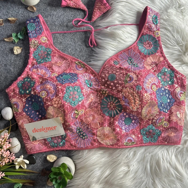 Pink Royal Heavy Multi-Thread & Sequin Embroidery Georgette Blouse