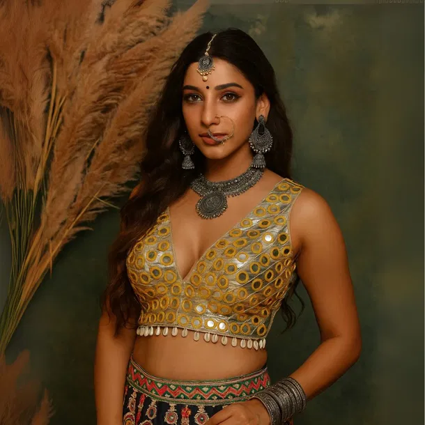 Golden Color Navratri Special Readymade Mirror Work Blouse