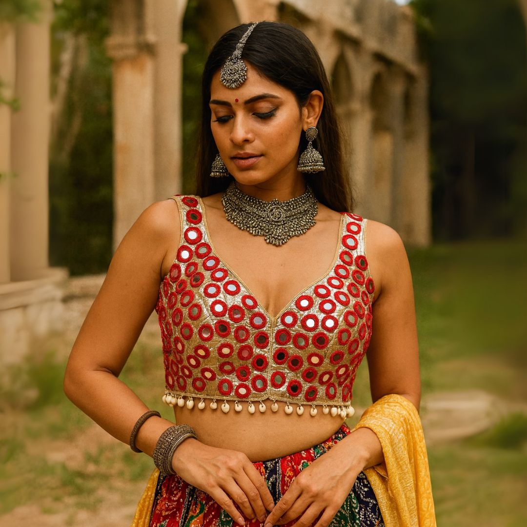 Red Color Navratri Special Readymade Mirror Work Blouse