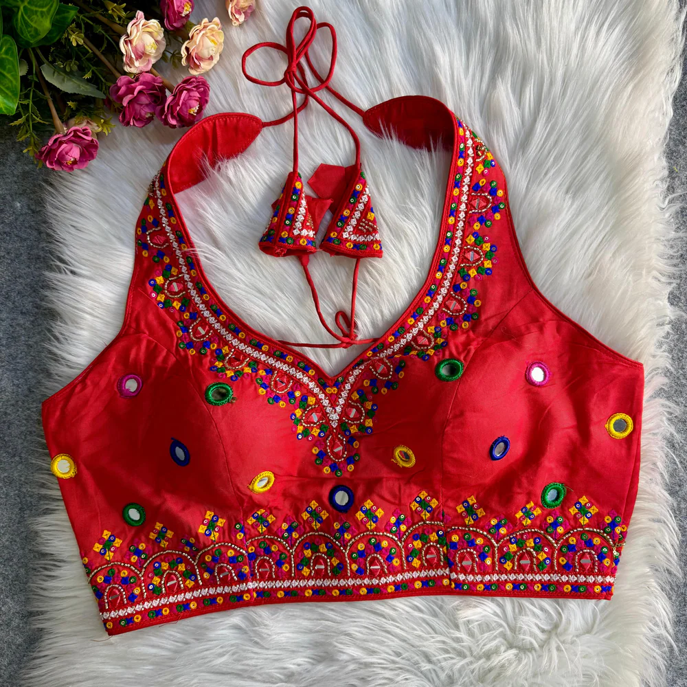 Red Navratri Special Heavy Embroidery Sequence Mirror Work Readymade Blouse