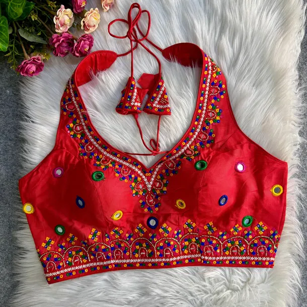 Red Navratri Special Heavy Embroidery Sequence Mirror Work Readymade Blouse