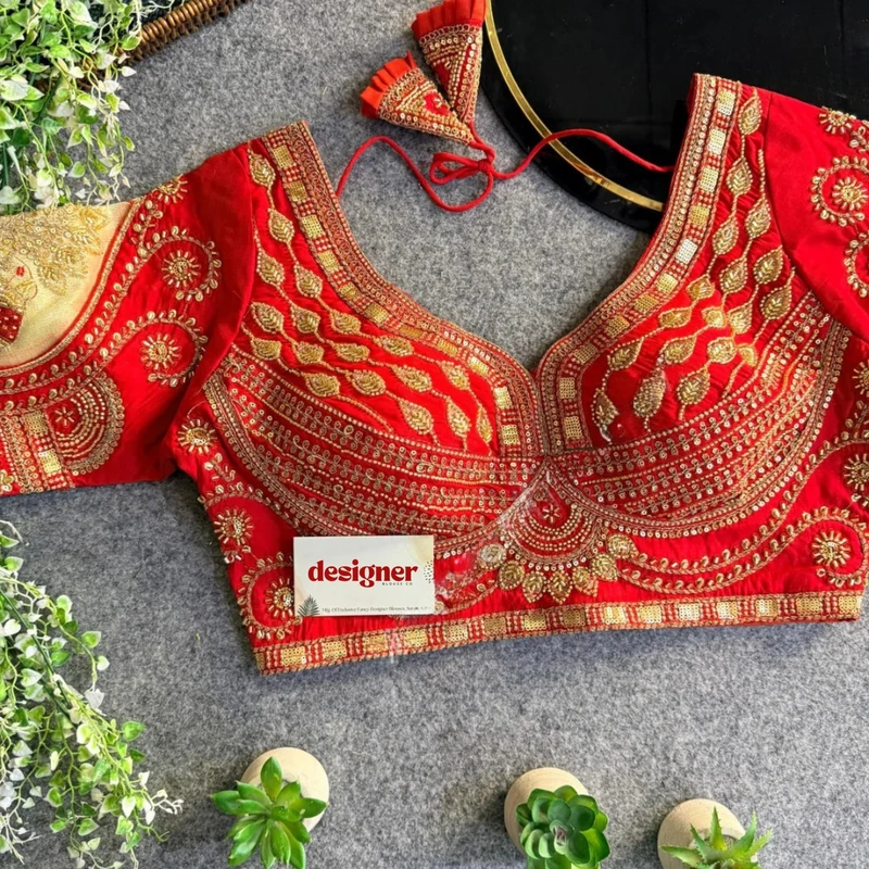 Red Sabyasachi-Style Beads & Embroidery Partywear Blouse in Roman Silk