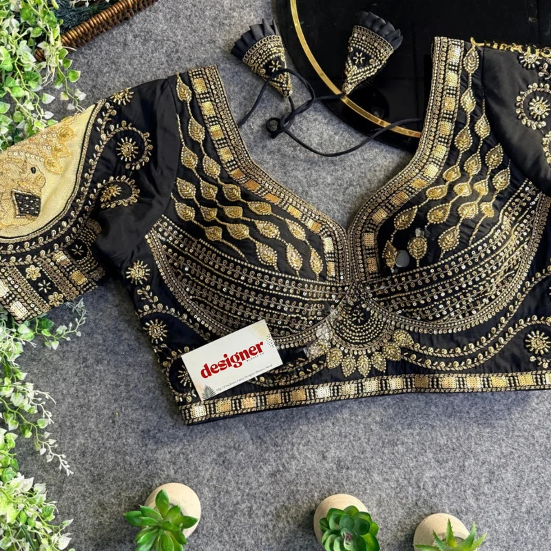 Black Sabyasachi-Style Beads & Embroidery Partywear Blouse in Roman Silk