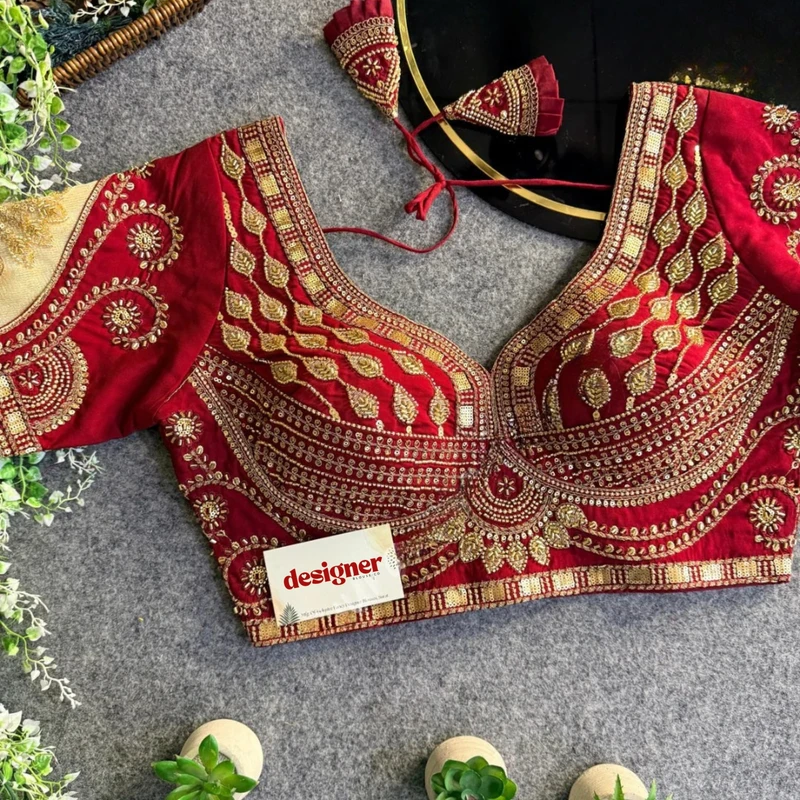 Maroon Sabyasachi Style Beads & Embroidery Partywear Blouse in Roman Silk