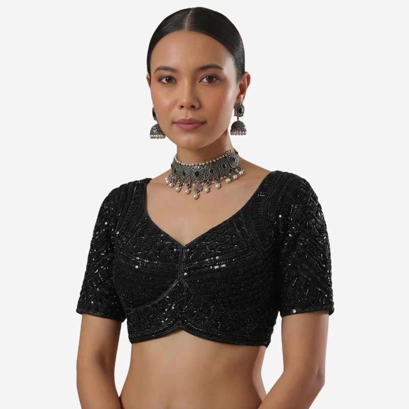 Black Green Handwork Beads Partywear Sabyasachi Neck Blouse in Pure Fox Georgette