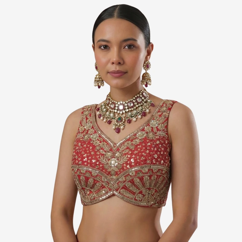 Maroon Zari & Sequins Work  Partywear Sleeveless  Blouse