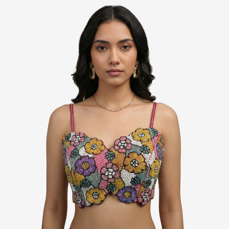 Multicolor Handwork Silk Blouse: Heavy Beaded Bridal Crop Top