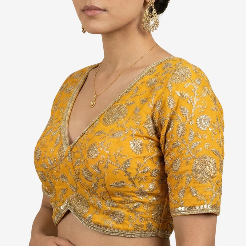 Mustard Thread Work Deep Neck Embroidered Blouse