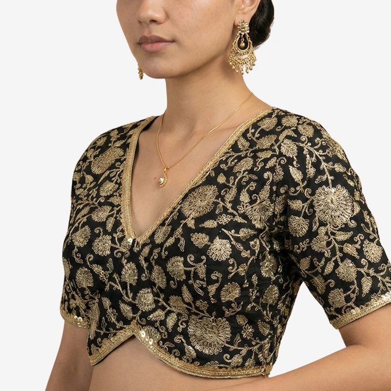 Black Thread Work Deep Neck Embroidered Blouse