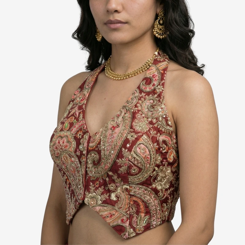 Maroon Position Print Halter Neck Readymade Blouse