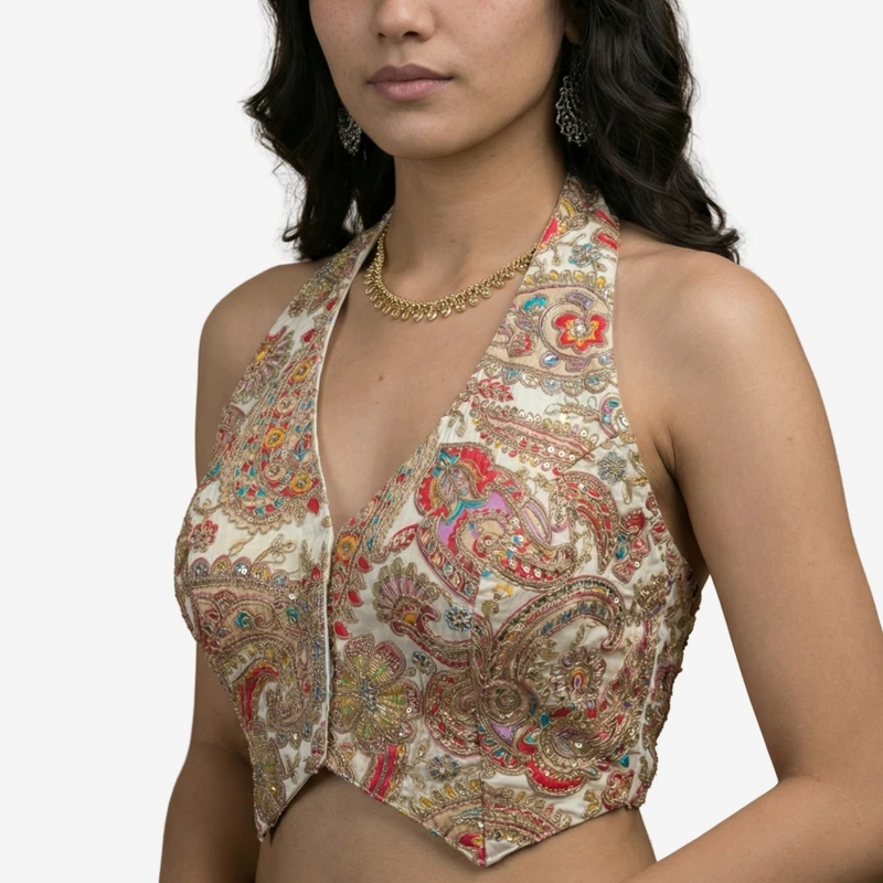White Position Print Halter Neck Readymade Blouse