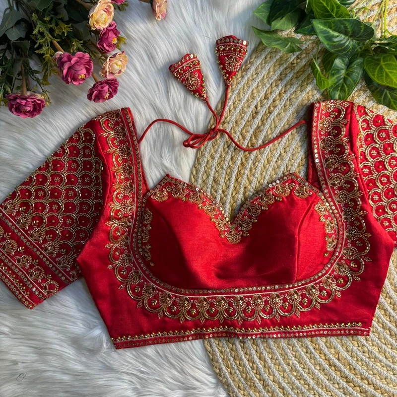 Red Beautiful Beads Work Halter Neck Embroidery Blouse in Italian Silk