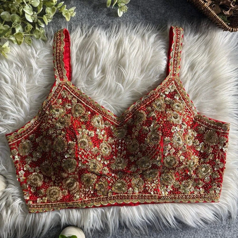 Red Luxury Embroidered Sequin Beads Designer Spaghetti Blouse
