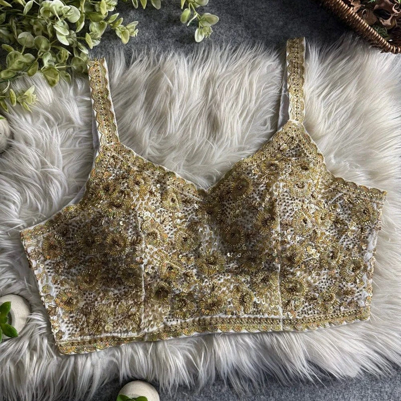 White Luxury Embroidered Sequin Beads Designer Spaghetti Blouse