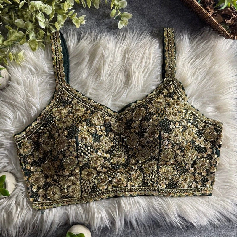 Bottle Green Luxury Embroidered Sequin Beads Designer Spaghetti Blouse