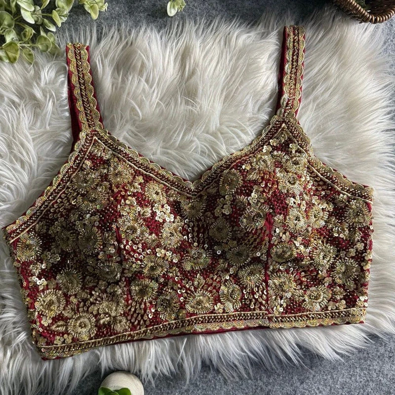 Maroon Luxury Embroidered Sequin Beads Designer Spaghetti Blouse