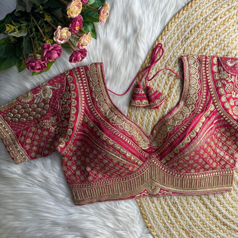 Rani Sabyasachi Inspired Heavy Gold Jari Sequence Work Bridal Blouse