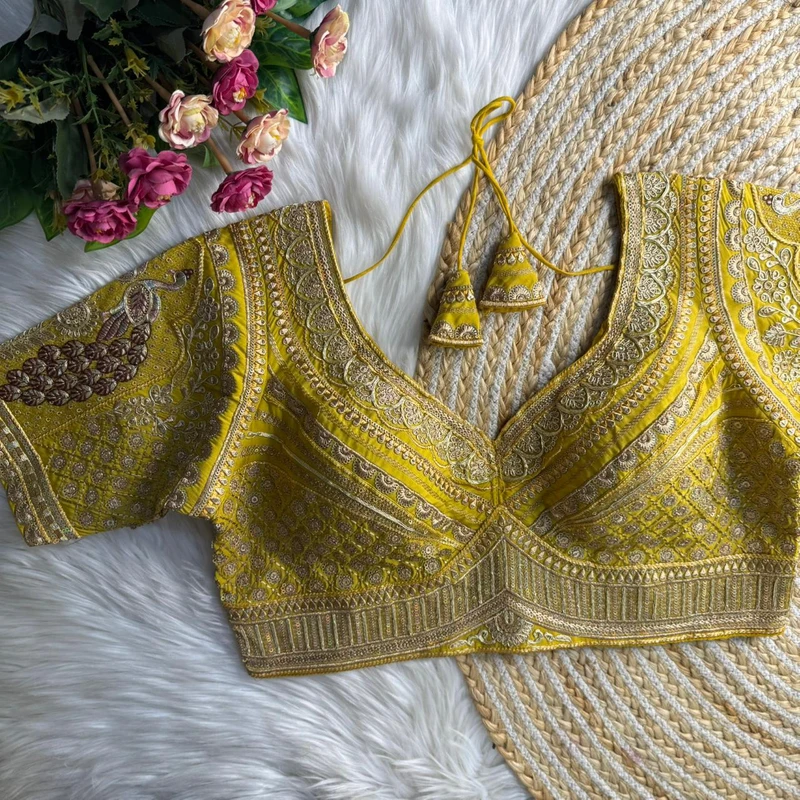 Yellow Sabyasachi Inspired Heavy Gold Jari Sequence Work Bridal Blouse