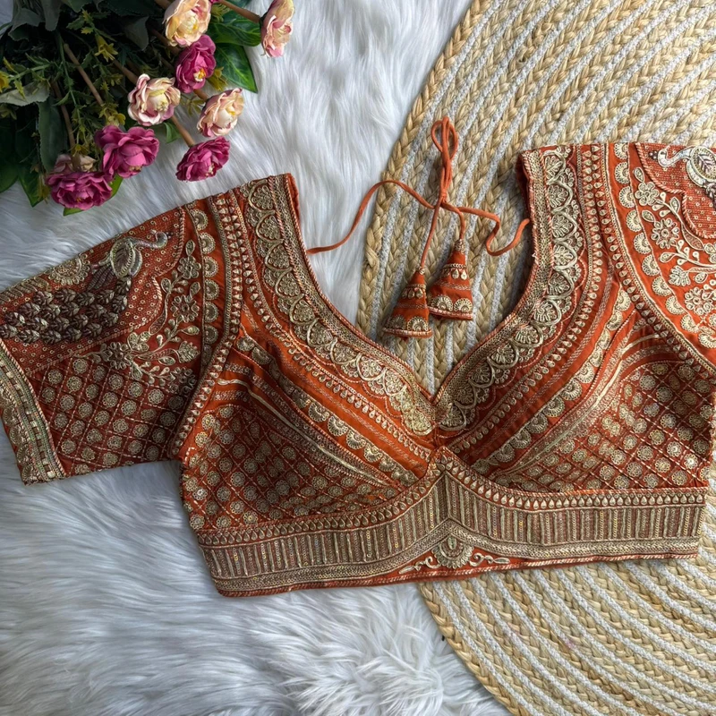 Copper Sabyasachi Inspired Heavy Gold Jari Sequence Work Bridal Blouse