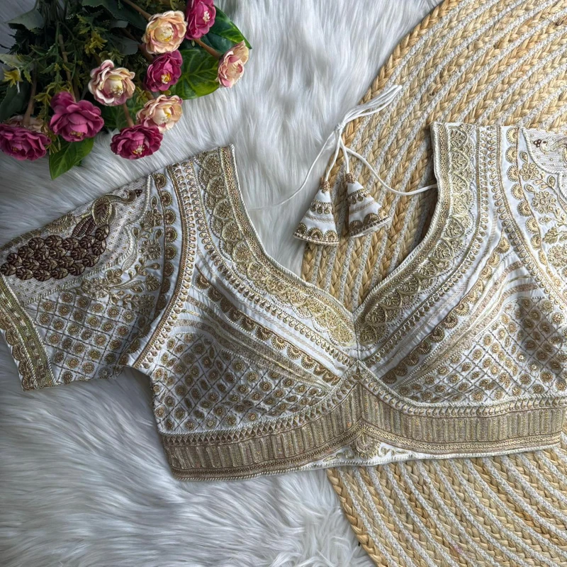 White Sabyasachi Inspired Heavy Gold Jari Sequence Work Bridal Blouse