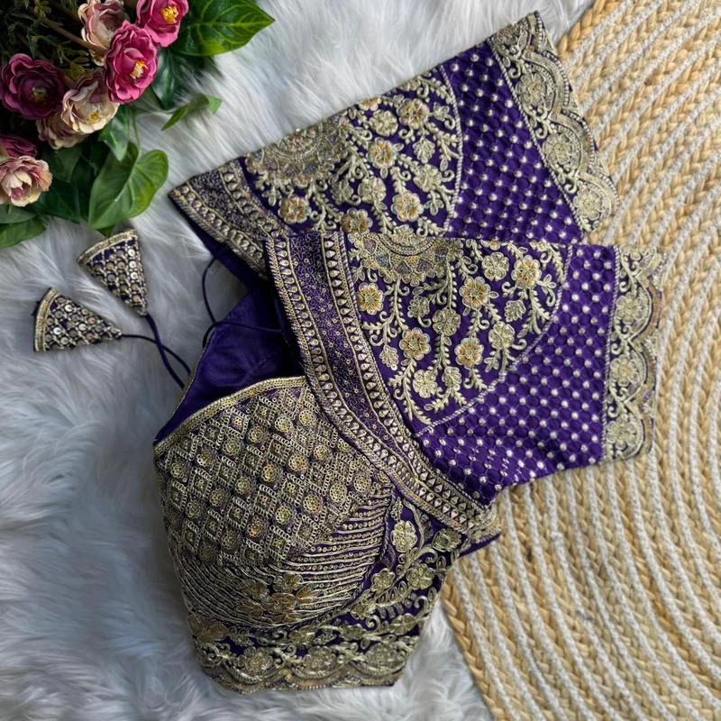 Purple Madhubala Styles Inspired Heavy Zari Work Bridal Blouse 