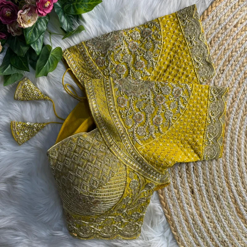 Yellow Madhubala Styles Inspired Heavy Zari Work Bridal Blouse 