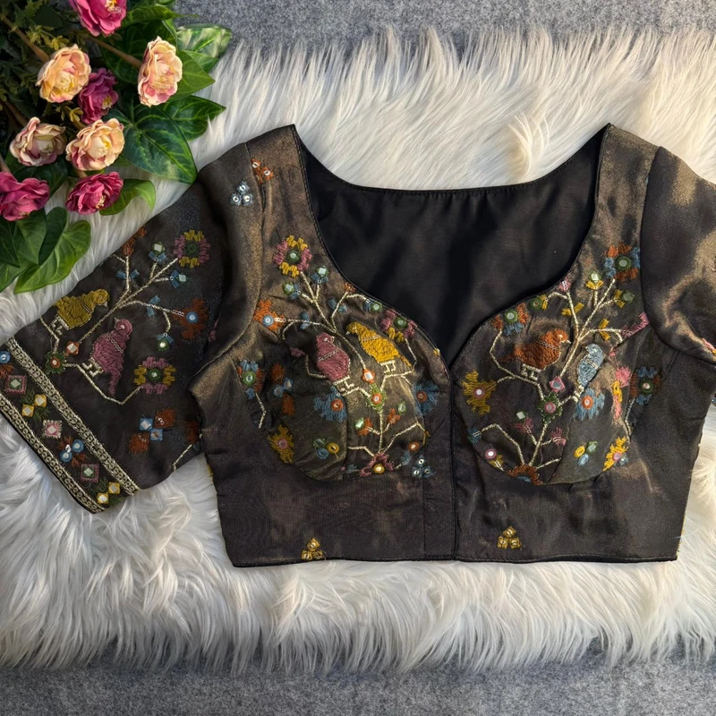 Black Sabyasachi Inspired Birds Love Multi Mirror Work Designer Blouse