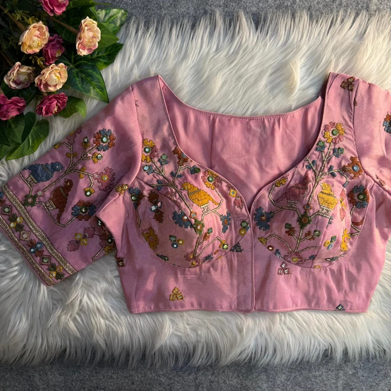 Pink Sabyasachi Inspired Birds Love Multi Mirror Work Designer Blouse