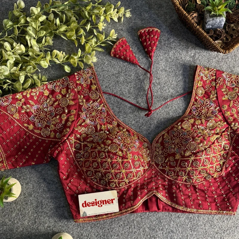 Maroon Italian Silk Beads & Embroidery Work Designer Blouse