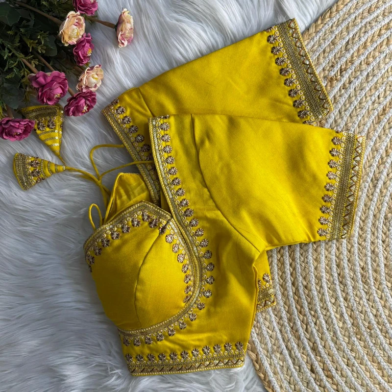 Yellow Jari & Codding Thread Work Italian Silk Designer Blouse