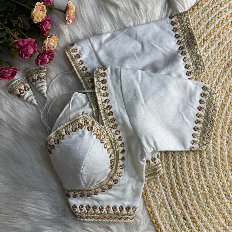 White Jari & Codding Thread Work Italian Silk Designer Blouse
