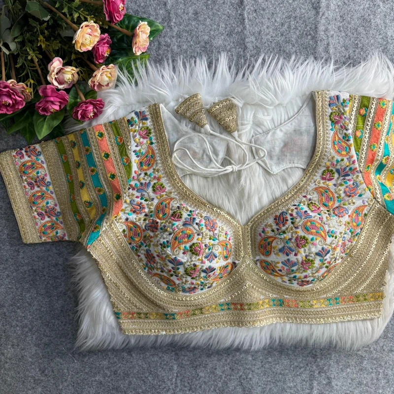 White Sabyasachi Style Fox Georgette Embroidery Kashmiri Thread Work Blouse