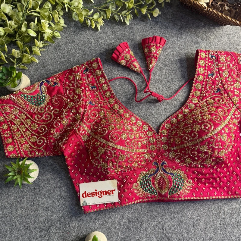 Rani Peacock Design Embroidery Italian Silk Designer Blouse with Beads