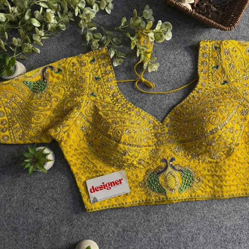 Yellow Peacock Design Embroidery Italian Silk Designer Blouse with Beads