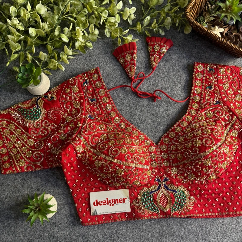 Red Peacock Design Embroidery Italian Silk Designer Blouse with Beads