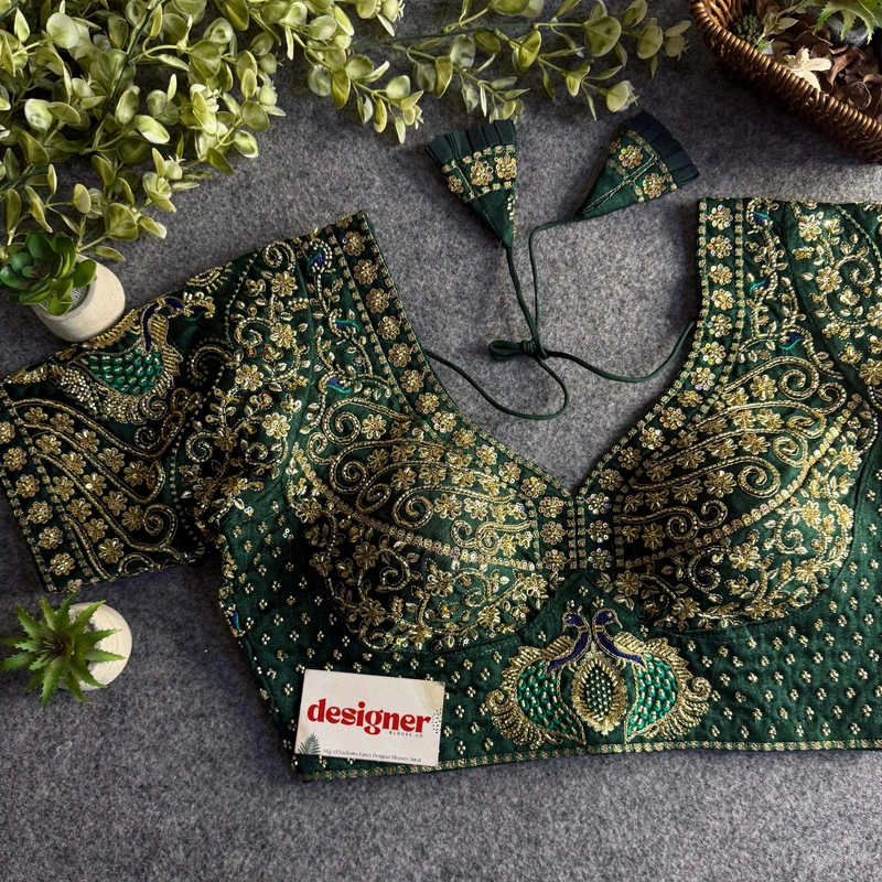 Bottle Green Peacock Design Embroidery Italian Silk Blouse with Beads