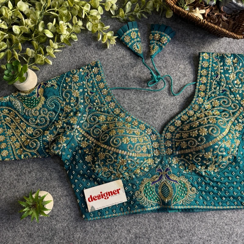 Rama Peacock Design Embroidery Italian Silk Blouse with Beads