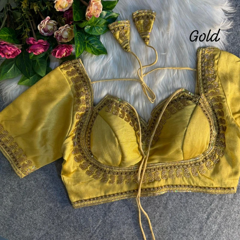 Gold Masaba Style Italian Silk Beads Work Bridal Blouse