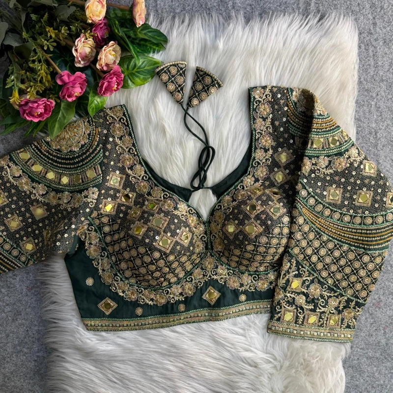 Bottle Green Italian Silk Handwork & Mirror Work Long Sleeves Blouse