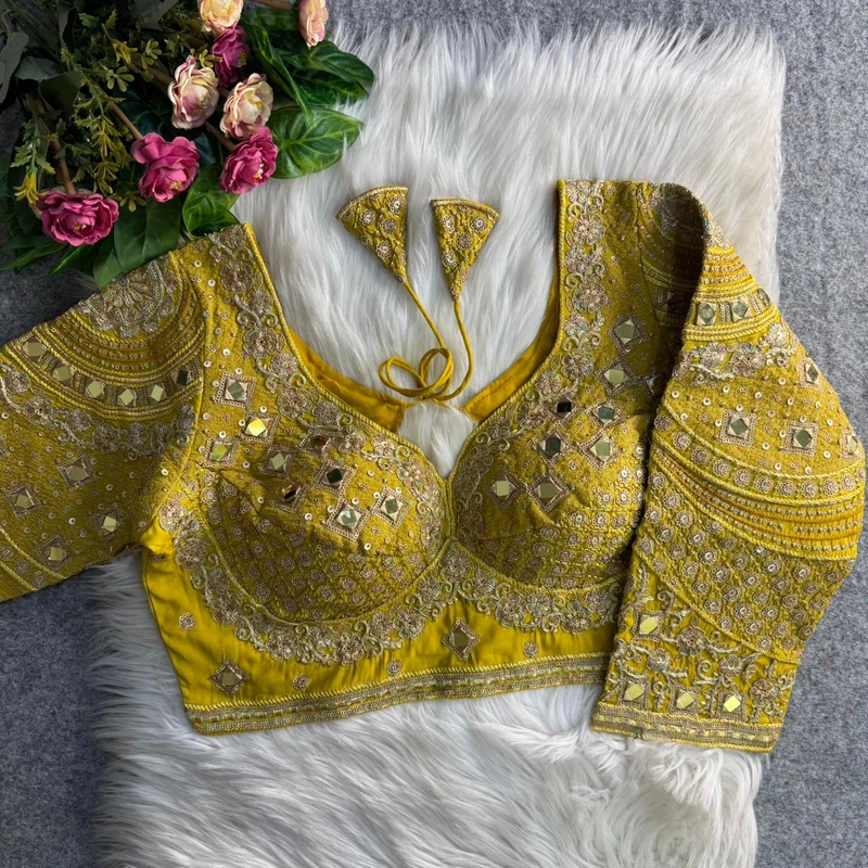 Yellow Italian Silk Handwork & Mirror Work Long Sleeves Blouse