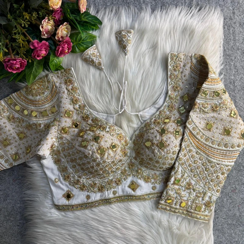 White Italian Silk Handwork & Mirror Work Long Sleeves Blouse