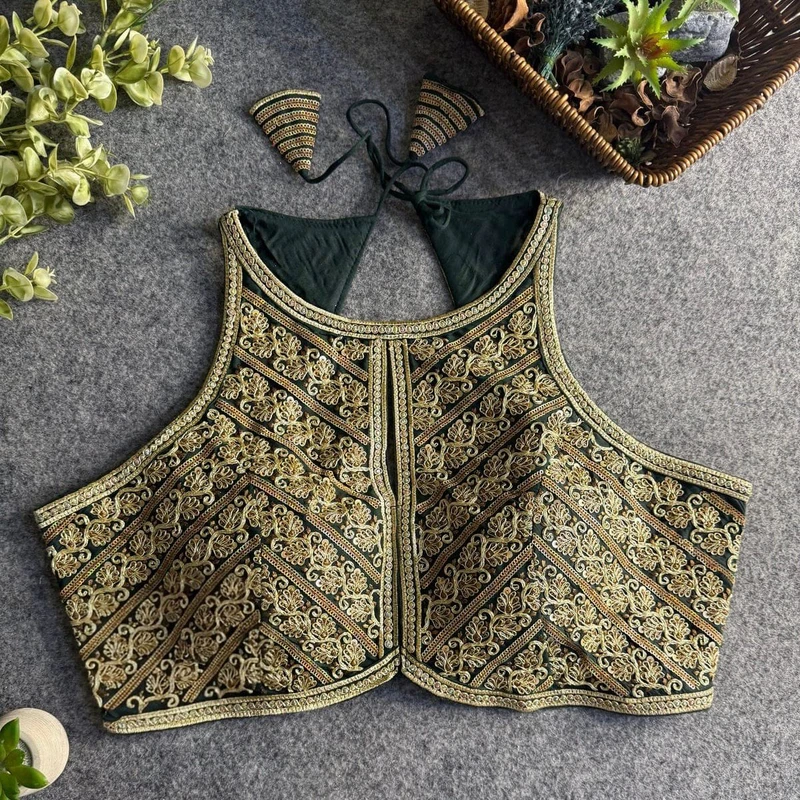 Bottle Green Roman Silk Embroidery Work Halter Neck Blouse