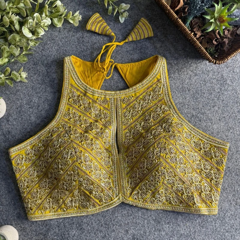 Yellow Roman Silk Embroidery Work Halter Neck Blouse